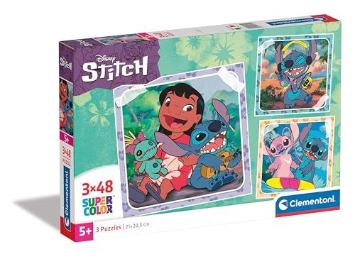 Clementoni- Disney Stitch Supercolor Stitch-3x48 (Include 3 48 Pezzi) Bambini 5 Anni, Puzzle Cartoni Animati, Made in Italy, Multicolore, 25321