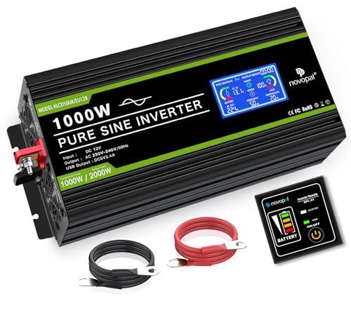 NOVOPAL 1000W Onda Sinusoidale Pura Power Inverter DC 12v in AC 220v con Display LCD Intelligente-2 EU Presa con Uscita USB and 5 Metri di Telecomandoper per Camion Camping Macchina da Ca