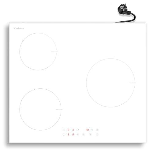 Karinear Piano Cottura Induzione 3 Fuochi, 60cm Piastra Induzione Elettrico 3500W, Piani Cottura con Spina, 9 Power Comandi Toccare, Blocco di Sicurezza, Timer Lock, Booster, Bianco