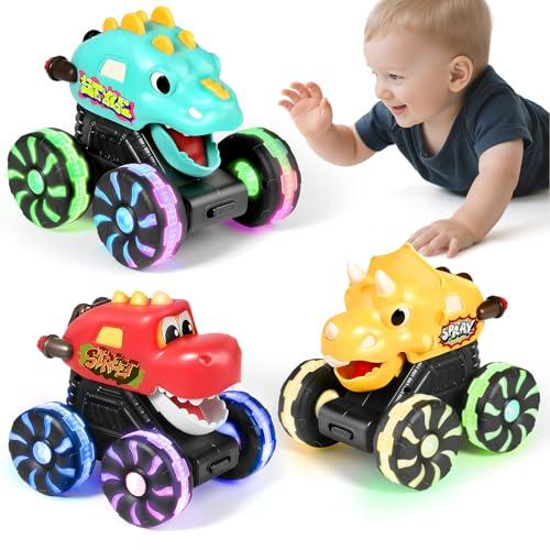 MOONTOY 3 Pezzi Dinosauro Giocattolo con Luci, Monster Truck Press and Go, Macchinina Bambino 1 Anno, Regalo di Compleanno e Natale per Bambini e Bambine 1 2 3 Anni
