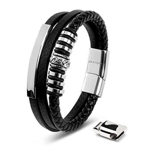 SERASAR - Bracciale da uomo in pelle di alta qualità, con chiusura magnetica in acciaio inox, nero, argento e oro, con scatola per gioielli, ottima idea regalo, 20cm, Pelle, No Gemstone