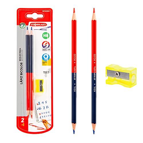 Set di scrittura: BICOLORE HB STARPLAST - 2 matite bicolore, mina HB rossa e blu, forma esagonale, temperamatite regalo, scrittura, legno, ufficio e scolastico