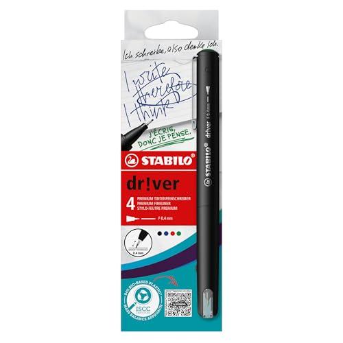 STABILO dr!ver - Fineliner Premium - Tratto Fine (0,4 mm) - Astuccio da 4 - Verde, Rosso, Blu, Nero