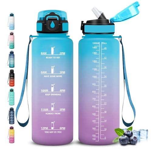 Grsta Borraccia 1,5 litri, Borraccia con Cannuccia, Senza Perdite, Borraccie Palestra, Facile da Pulire, Borraccie Motivazionale, Borracce con Chiusura di Sicurezza, per Fitness, Viaggio, Campeggio