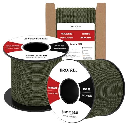 Brotree 2mm Paracord 3 Fili 15M 100% Nylon Corda da Paracadute per All'aperto, Artigianato, Fatto a Mano - 90kg Carico di Rottura (Verde Militare)