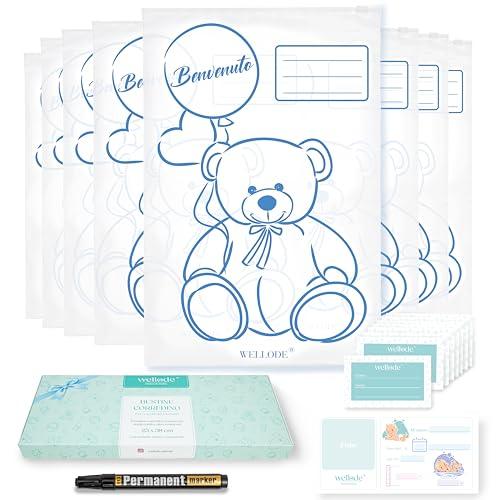 Wellode® 8 Bustine Corredino Neonato Ospedale Teddy Bear con Pennarello - Sacchetti Cambio Neonato Riutilizzabili per Asilo e Viaggi - Idea Regalo Nascita Baby Shower e Lista Nascita Bebè