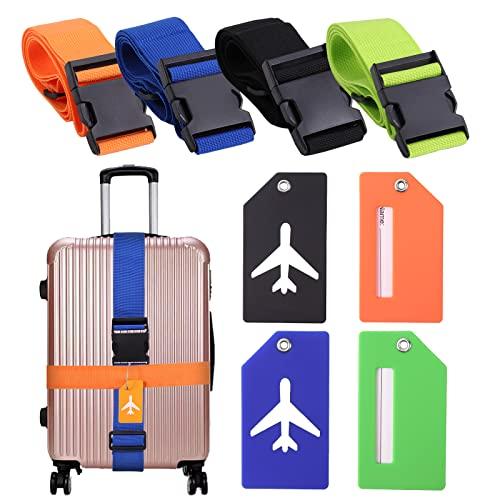 Vinabo 4 Pezzi Cinghie Regolabili per Bagagli con Fibbia, 4 Pezzi Cintura Valigia da Viaggio, 4 Etichette per Bagagli con Nome e Etichetta per Indirizzo per Viaggiare Sicuri in Aereo