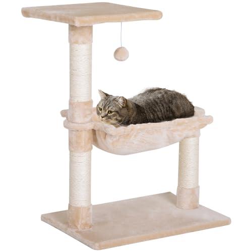 PawHut Albero Tiragraffi per Gatti in Legno e Peluche, Torre per Gatti con Pallina Appesa e Amaca, 50x36x70 cm, Beige