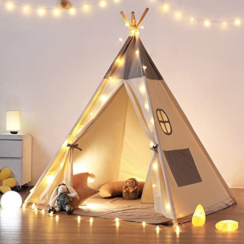 besrey Tenda per Bambini da Gioco in Tela Indiana Teepee in 100% Cotone con Luci Fatate + Grigio Opaco