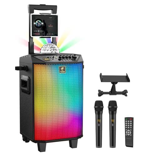 Impianto Karaoke Professionale Completo Wireless, PA TONOR Bluetooth Sistema Karaoke con Microfono Doppio Senza Fili, Strobosfera per Karaoke Domestico, Picnic, Feste in casa e all'aperto, K20
