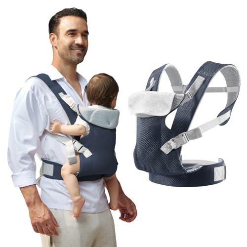 IULONEE Marsupio per Neonati Regolabile Fascia Porta Bebe Ergonomico Baby Carrier Wrap Traspirante Portabebè per Neonato Bambino Front Back Carry per Bebè 3-36 Mesi (Blu navy)