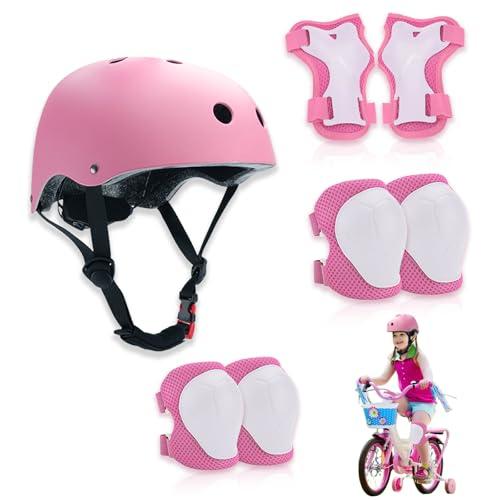 Zyluniy Set di Protezioni per Bambini, Set di Casco Protezione Bambini, traspirante e regolabile, set di ginocchiere per bambini per bicicletta, skateboard, scooter (rosa)