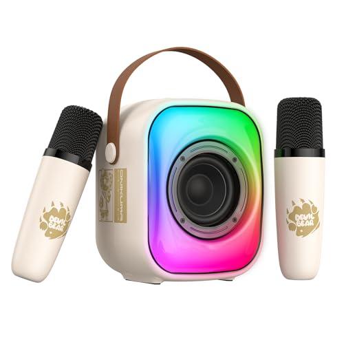 PHNIXGAM Mini macchina per karaoke con due microfoni wireless, altoparlante Bluetooth portatile per adulti e bambini, microfono per karaoke con LED, supporto altoparlante per scheda (Beige)