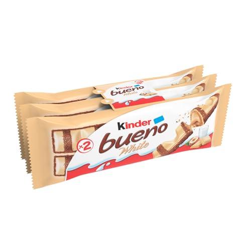 Kinder Bueno White - 6 Snack al Cioccolato Bianco e Nocciola, un Wafer Ripieno di Crema alle Nocciole Ricoperto da Cioccolato Bianco e Granella Meringata al Cacao, 3 Confezioni