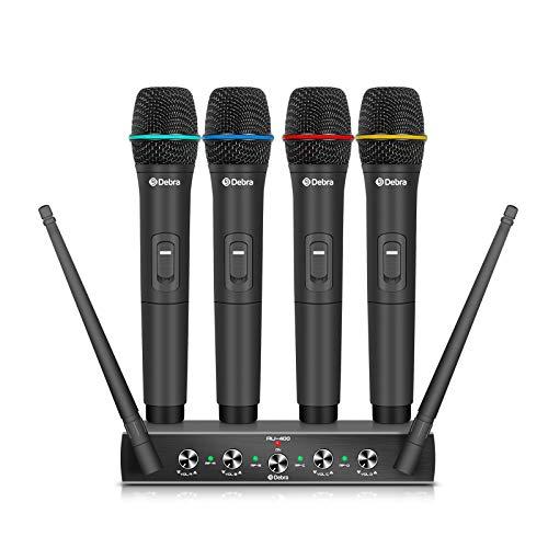 Debra Audio Pro UHF - Sistema di microfono wireless a 4 canali, con microfono lavalier, ricevitore in metallo, ideale per karaoke, feste di karaoke