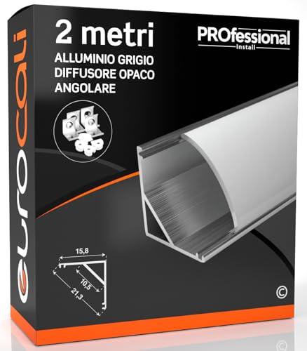 Eurocali Profilo Angolare da 2 metri (2mt) in Alluminio Grigio per Strisce LED Schermatura Opaca - Larghezza Massima Stricia LED 10.5mm - 15.8 x 15.8