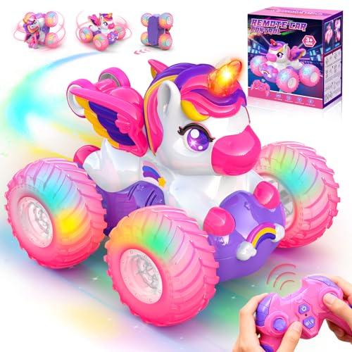 HappyGoLucky Macchina Telecomandata per Bambini Bambina, Unicorno Giocattolo, 2,4 GHz, Luce LED, Capovolte a 360°, Monster Truck Auto Giochi Regalo Bambina 3-12 Anni Femmina - Regali Natale