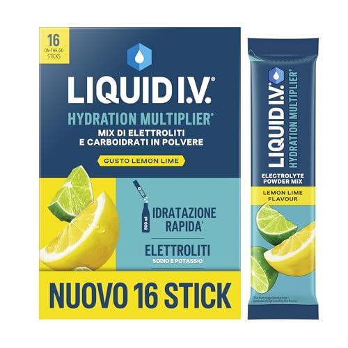 Liquid I.V. 16 stick, Integratore con Elettroliti per Idratazione Rapida, con Sodio e Potassio, con Vitamine B3 B5 B6 B12 e C, Lemon Lime, Vegano, Senza Glutine