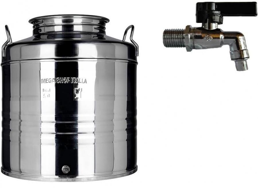 Megashopitalia Contenitore Bidone Fusto per Olio in Acciaio Inox 15 30 50 Litri Made in Italy con Guarnizione per Il Tappo e Rubinetto da 1/2 Pollice Incluso (15 Litri)