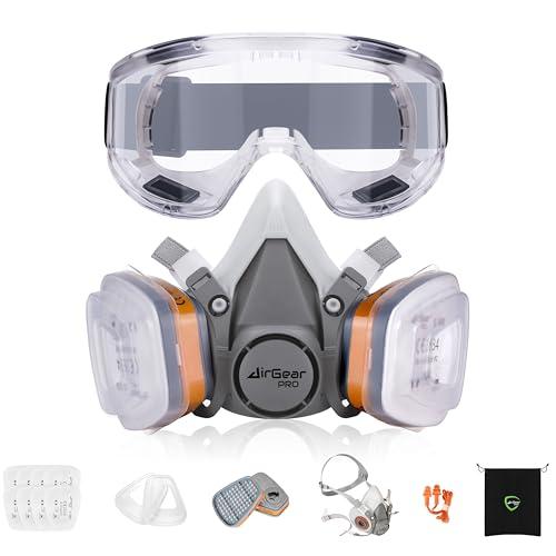 AirGearPro G-500 Maschera di protezione respiratoria riutilizzabile, anti-polvere, anti-gas, con filtri e occhiali di protezione per pittura, lavoro, fai da te, levigatura