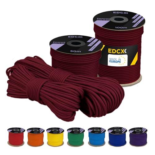 EDCX poliestere Paracord 550 (15, 30 e 50 m) – 4 mm Tipo III, cavo per paracadute resistente allo strappo per la sopravvivenza in 100% poliestere con 7 fili | Colori a tinta unita (Wine, 50 m)
