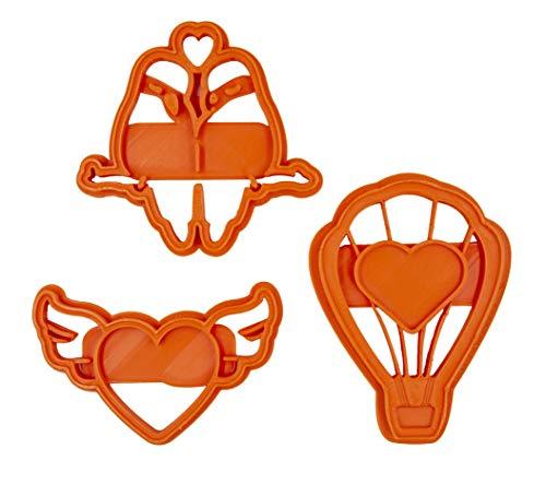 Set di 3 Tagliabiscotti per innamorati a SanValentino (Cuore con le ali, mongolfiera con cuore, tortore innamorate)