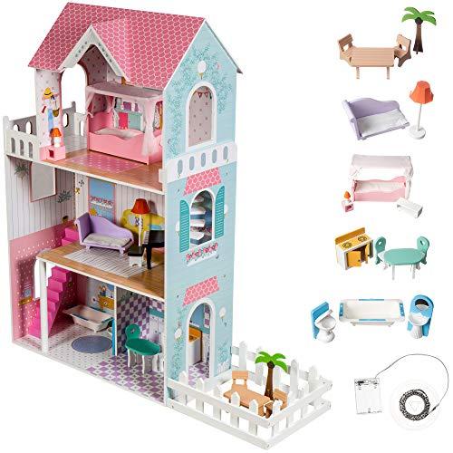 Mamabrum Casa delle Bambole in Legno XXL – Grande Casa Bambole con 3 Piani, LED, Giardino e Accessori – Casa delle Barbie in Legno con Mobili – Giocattolo Educativo per Bambine 3+ Anni