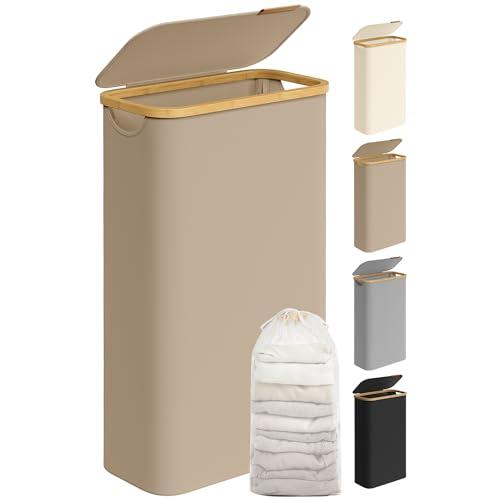 SONGMICS Cesto Portabiancheria con Coperchio, Cesta per Bucato, 65L, Salvaspazio, Sacco Rimovibile, Tessuto Oxford, Manici di Bambù, Pieghevole, 42 x 22,5 x 70,5 cm, Marrone Cammello LCB506N02