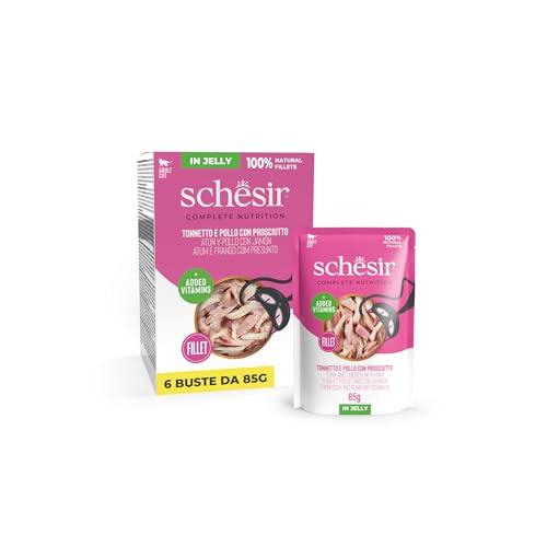 Schesir, Tonnetto e Pollo con Prosciutto in Gelatina, Alimento Umido Completo per Gatti, in Busta, Ingredienti 100% Naturali, Cruelty Free, 6 x 85g