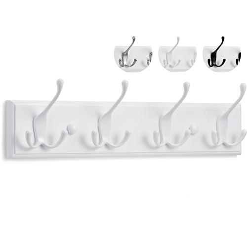 LARHN Appendiabiti da Parete Bianco - 4 Ganci Tripli - 42 cm - Attaccapanni da Muro in Legno per Ingresso, Cameretta e Bagno
