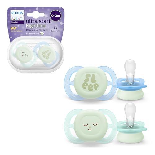 Philips Avent Ultra Start Nighttime Soothers, ciucci ortodontici per neonati di età compresa tra 0 e 2 mesi, fluorescenti, senza BPA, custodia per sterilizzazione/trasporto, confezione da 2, SCF075/08