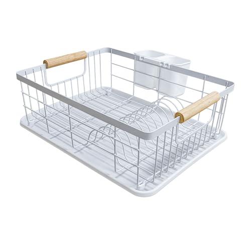 Amig - Scolapiatti Graz - 42 x 31,5 x 15 cm - Acciaio con Manico in Legno - Colore Bianco - Scolapiatti con Vassoio di Sgocciolamento e Supporto per Posate - Capacità per 10 Piatti e 6 Bicchieri