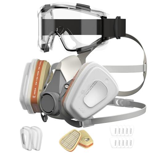 AIMAX Maschera Respiratoria con Filtro A1P2 e Occhiali Protettivi, Antipolvere e Antigas Riutilizzabile per Verniciatura, Saldatura, Spruzzatura, Levigatura, con Filtri di Ricambio