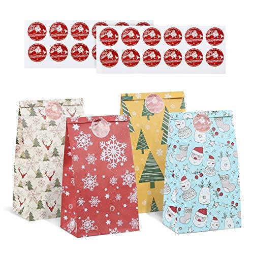 Kesote 24 Pezzi Sacchetti Regalo Natale Buste Regalo Natale Set di 24 Sacchetti + 24 Adesivi di Sigillo per Regalo, Caramelle, Biscotti, 21 x 11.5 x 8 cm