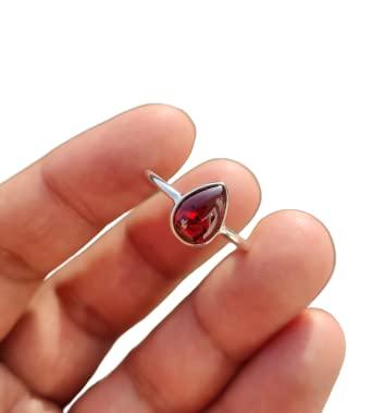 Anello con granato naturale rosso granato a forma di pera pietra preziosa in argento sterling 925 fatto a mano regalo di San Valentino per le donne, anello impilabile per lei e l'amore (Garnet)