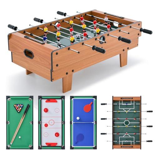 HOMASIS Tavolo da Gioco 4 in 1 in Legno per Bambini e Adulti, Tavolo da Biliardino con Piani Sovrapponibili per Biliardo, Hockey su Aria, Biliardino, Ping Pong per Casa, Sala Giochi