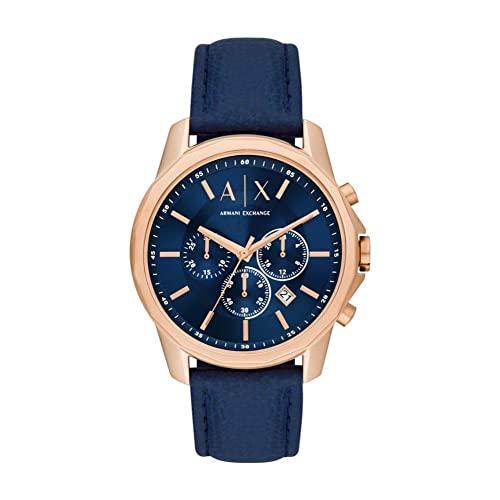 Armani Exchange Orologio cronografo da uomo, cassa in acciaio inossidabile oro rosa 44 mm con cinturino in pelle, AX1723