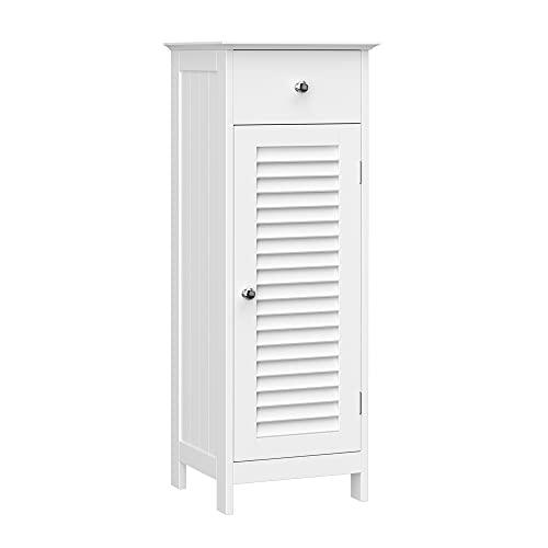 VASAGLE Mobiletto da Bagno, Armadietto Salvaspazio con Cassetto e Anta a Persiana, Struttura in MDF, 32 x 30 x 87 cm, Bianco BBC43WT