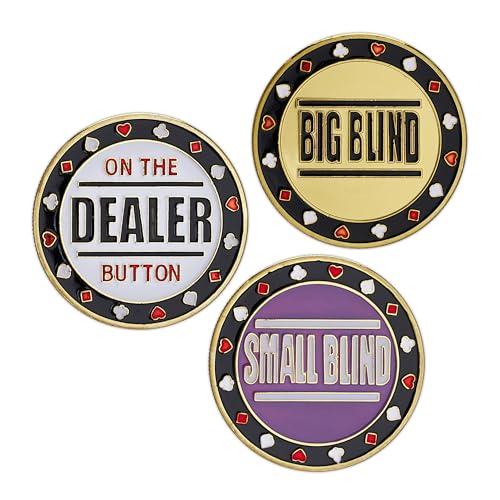 Relaxdays Set da 3 Button per Poker, Dealer, Big Small Blind, Custodia Inclusa, Ø 4 cm, 30g ciascuno, Dorato, Ferro