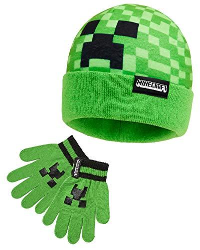 MINECRAFT Cappello Bambino o Invernale Accessori Bambini Set 3 con Sciarpa e Guanti, Set 2 Pezzi o 1 Pz Berretto, Regalo Ragazzo (6-14 Anni, Cappello e Guanti Verdi)