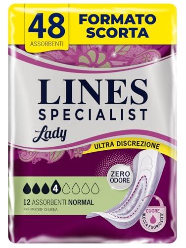 Lines Specialist Lady Normal, Assorbenti per Incontinenza Donna, con Tecnologia Zero Odore e Barriere Laterali Protettive, Scorta Mensile, 4 Confezioni da 12 Unità