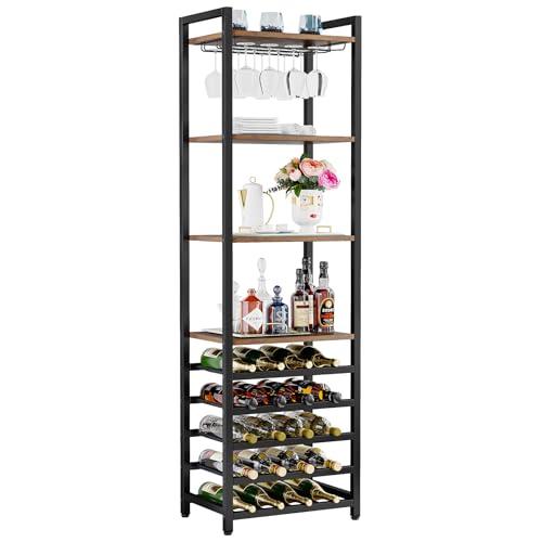 Tribesigns Portabottiglie da Terra, Cantinetta Portabottiglie Scaffale per Vino con Portabicchiere in Legno da 20 Bottiglie, per Enoteca, Cucina, Sala da Pranzo, Marrone Rustico