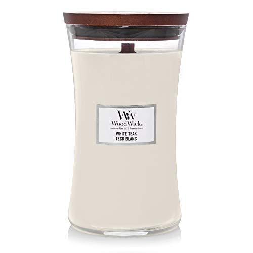 WoodWick candela grande profumata con stoppino scoppiettante | White Teak | Durata Fino a 130 Ore