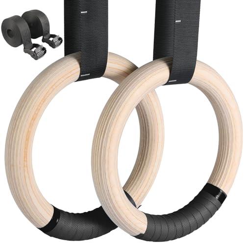 LIFERUN Anelli da Ginnastica, 32 mm/ 28 mm, Anelli da Ginnastica olimpica con Fascia, Cinghie Regolabili e marcatori, Anelli per Allenamento Completo (Legno - 32mm)