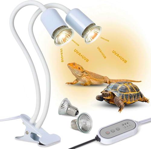 testyu Lampada Riscaldante Tartarughe a Due Teste, 25W+50W Lampada Tartarughe Acqua E27, UVA+UVB Lampada Riscaldante Rettile con Interruttore Timer Regolabile per Tartarughe Rettili Lucertole (Bianco)