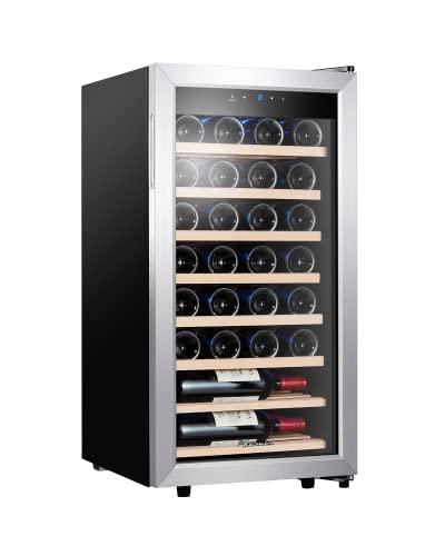 Kalamera Frigorifero per Vini 28 Bottiglie (86L) - Porta Vetro Inox, Design Moderno Nero e Argento, Raffreddamento 5-18°C, Touch Control, Ripiani Legno Rimovibili, KRC-86FCSS-W