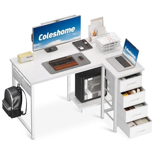 Coleshome Scrivania Angolare, 100x70cm Scrivania a L con 4 Cassetti, Tavolo Computer Reversibile per Ufficio/Camera da Letto, Bianco