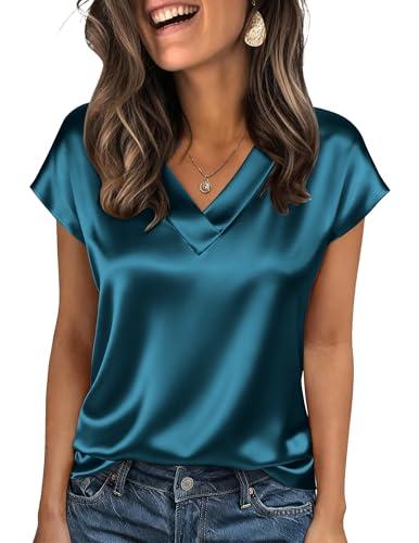 Zeagoo Camicia Donna in Raso con Scollo a V e Maniche Corte Seta Blusa
