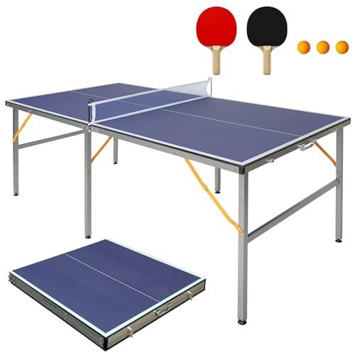 FUNJEPE Tavolo da ping pong di medie dimensioni da 1,8 x 0,9 m, per interni/esterni, pieghevole e portatile, set da gioco con rete, 2 racchette da ping pong e 3 palline