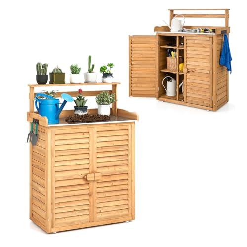 HOMASIS Armadietto da giardino a 2 ripiani regolabili, portaoggetti esterno in legno, resistente alle intemperie, tavolo da fiori con piano di lavoro e ripiani rimovibili